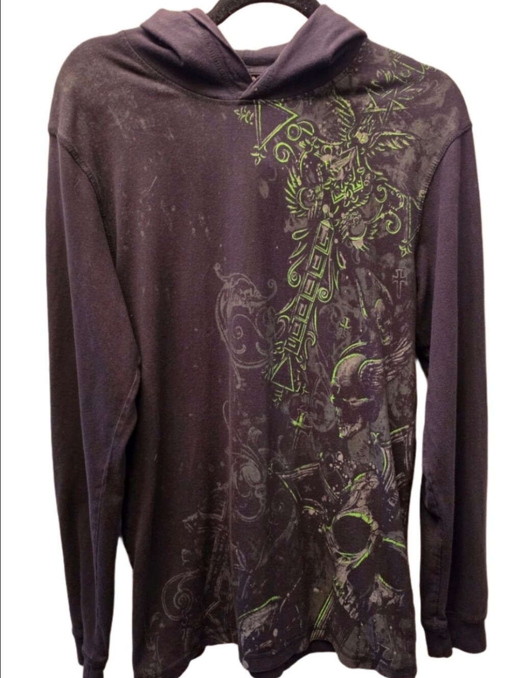 Y2K Elite Skull Tattoo Graphic Black Hooded Long Sleeve Shirt Mens M